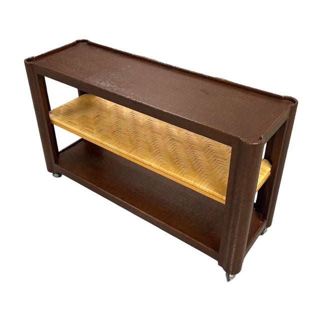 Late 20th Century Vintage Springer Style Grasscloth and Woven Rattan Console/Bar Cart For Sale - Image 5 of 10