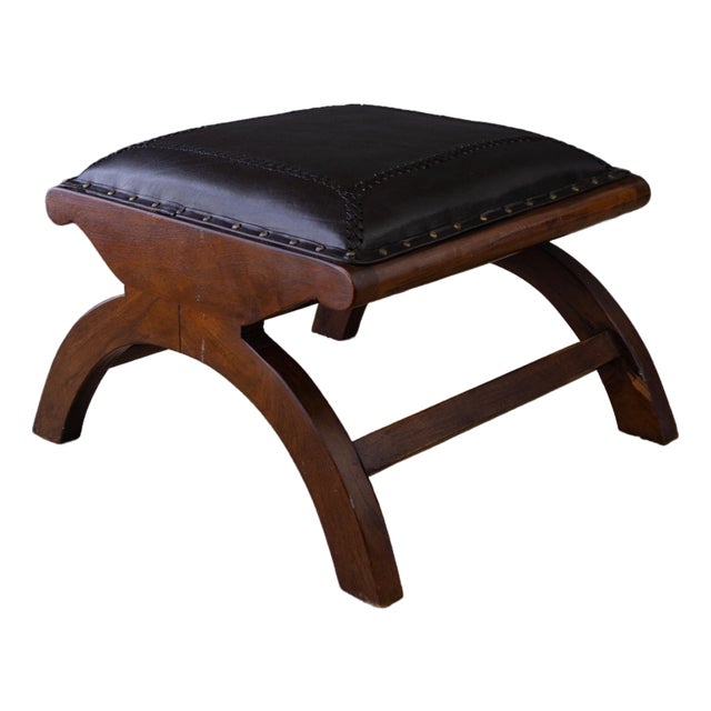 Leather and Rosewood X Frame Ottoman or Footstool With Brass Nailhead Trim For Sale