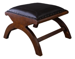 Leather and Rosewood X Frame Ottoman or Footstool With Brass Nailhead Trim