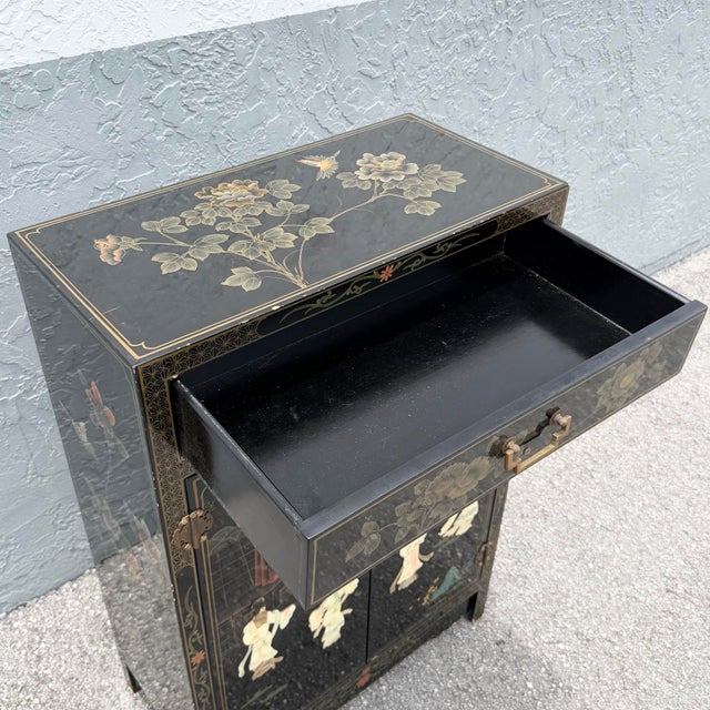 Vintage Chinese Black Lacquered Hand Painted Cabinet For Sale - Image 4 of 11