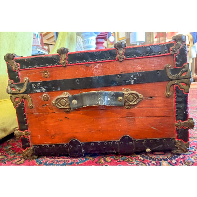 Flat Top Antique Cedar Trunk With Brass Hardware For Sale In Saint Louis - Image 6 of 10