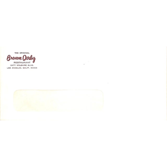 The Brown Derby Hollywood Circa 1954 Luncheon Menu With Bd Envelope For Sale - Image 4 of 5
