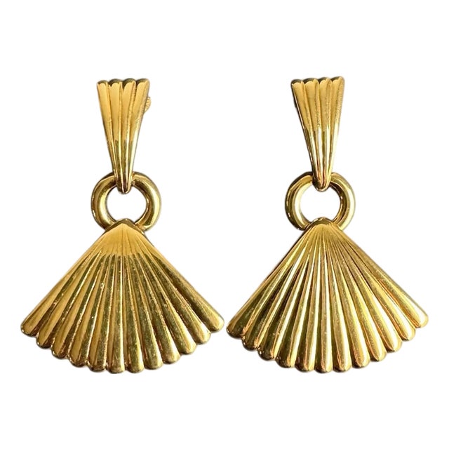 Monet Gold Tone Fan Earrings Clip-on 90s Vintage Statement Drop Earrings For Sale