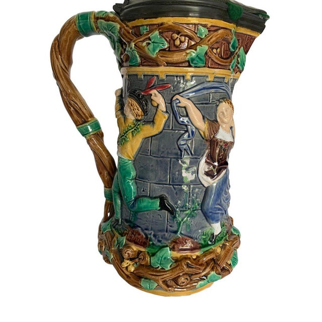 Victorian 1876 Minton English Towered Jug With Pewter Lid & Medieval Dancers For Sale - Image 3 of 8