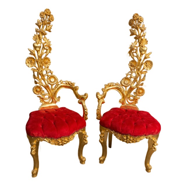 Mid 20c Italian Baroque Gold Red Velvet Side Chairs - Pair For Sale