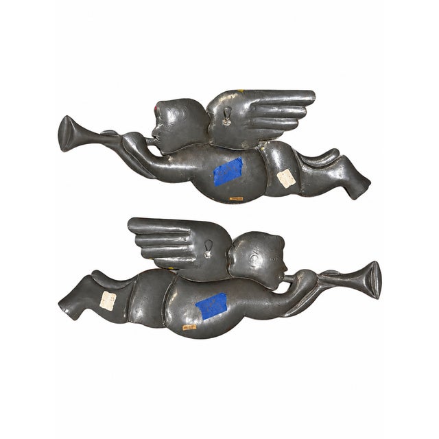 Violet Vintage Jewel-Tone Metal Trumpeting Angels — Christmas Holiday Decor, Pair For Sale - Image 8 of 9