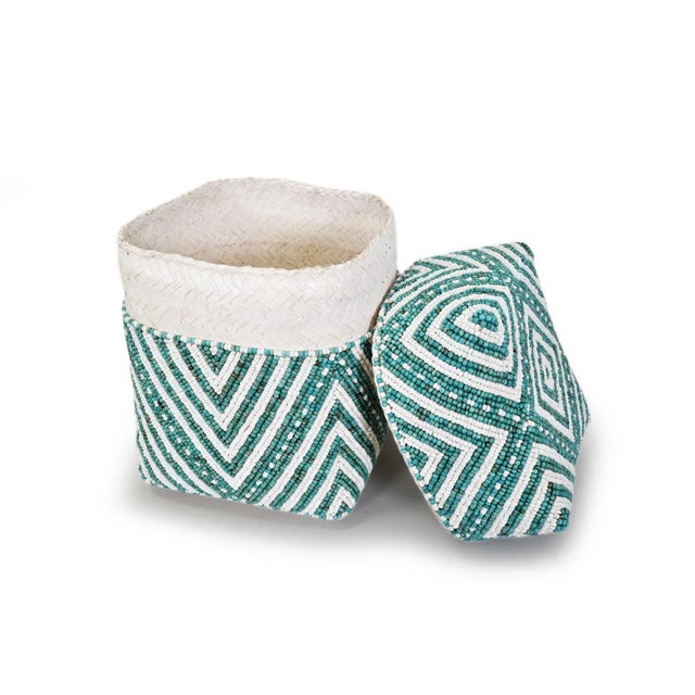 Beautiful vintage hand beaded accessory box made from woven bamboo and intricately covered with geometric triangle...