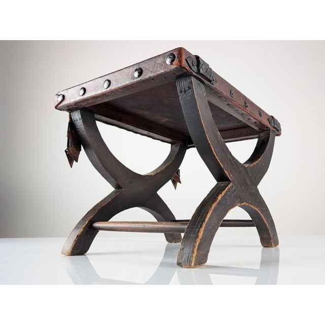 Colonial Curul Stool in Leather and Wrought Iron, Mexico, 1940s For Sale - Image 4 of 18
