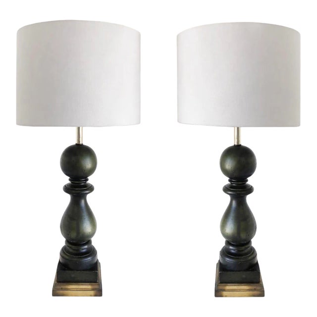 Overscale Vintage Carved Wood Balustrade Table Lamps For Sale