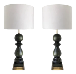 Overscale Vintage Carved Wood Balustrade Table Lamps