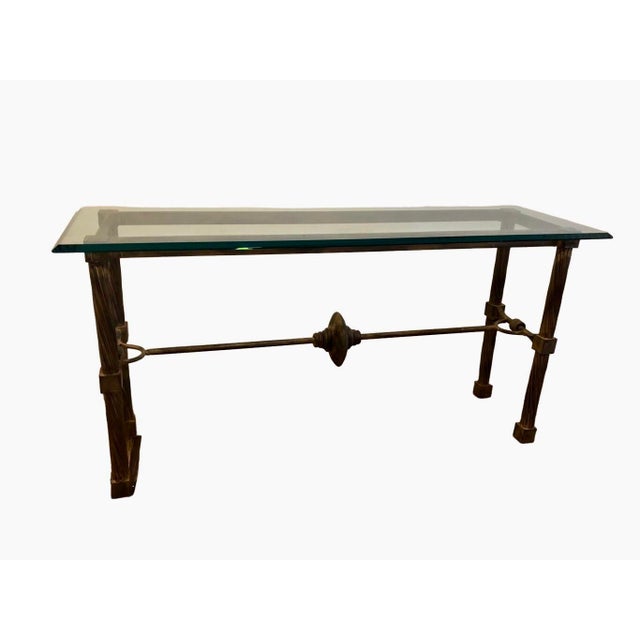 Vintage Patina Bronze Metal Console Side Table With Thick Beveled Glass Top For Sale - Image 10 of 12