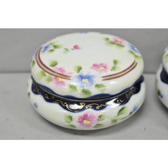 Early 20th Century Early 20th Century Victorian Japanese Hand Painted Porcelain Cobalt Blue Hair Receiver & Powder Jar For Sale - Image 5 of 14