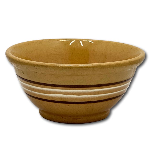 Nice Smaller 8 Inch Size Antique Thick - Heavy Brown & White Banded Yellow Ware Kitchen Batter Mixing Bowl - Late 1800s For Sale - Image 12 of 13