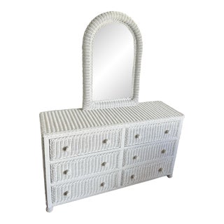 Vintage Coastal White Wicker Dresser With Mirror - 6 Drawers For Sale