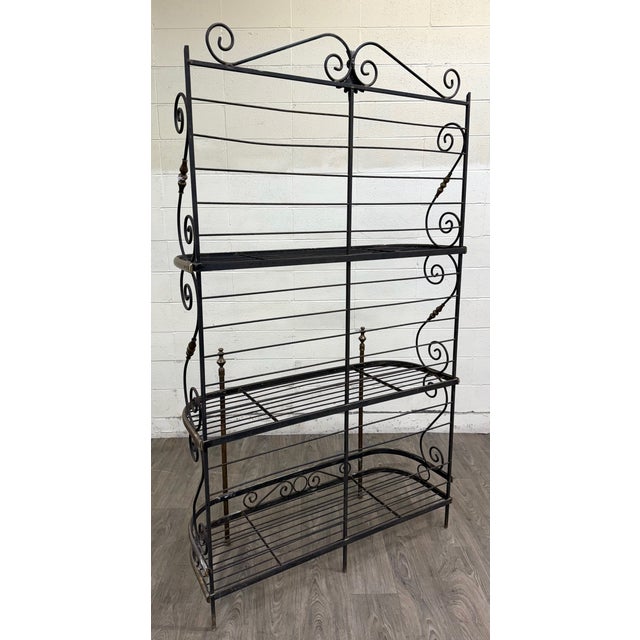 Vintage French Country or Mediterranean Style Wrought Iron Brass Baker’s Rack For Sale - Image 15 of 15