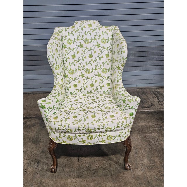 Early 20th Century Early 20th Century Chippendale Mahogany Wing Chair Carved Ball & Claw Feet Needpoint Fabric For Sale - Image 5 of 11