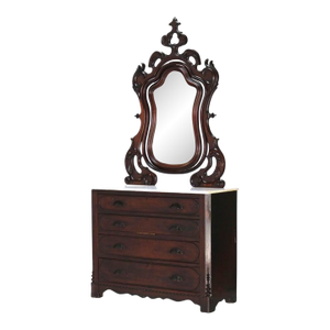 Antique Victorian Rococo Revival Walnut Marble Top Four-Drawer Dresser