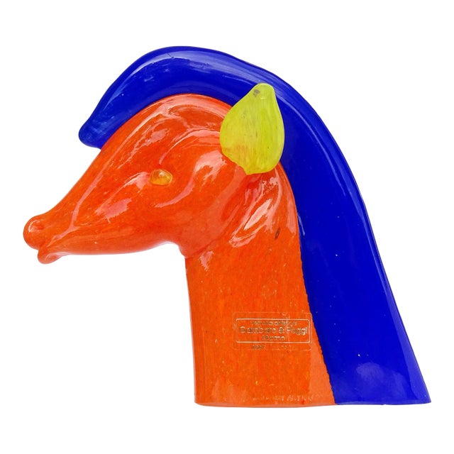 Gambaro Poggi Murano Vintage Bright Orange Blue Yellow Italian Art Glass Horse Head Figurine Sculpture For Sale