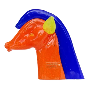 Gambaro Poggi Murano Vintage Bright Orange Blue Yellow Italian Art Glass Horse Head Figurine Sculpture