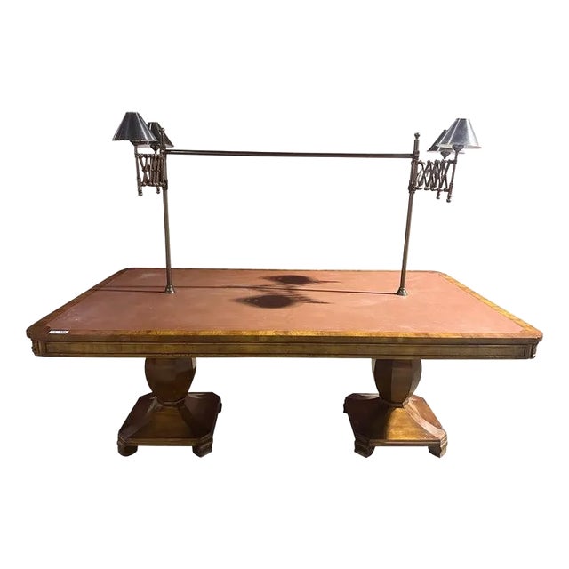 Fantastic English Yew Wood Library Table With Articulating Accordion Brass Lamps For Sale