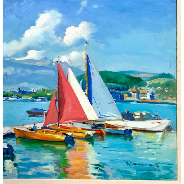 Late 20th Century Late 20th Century Nautical Acrylic Painting, Signed Sailboats by Port in Spain, Framed, 38"w For Sale - Image 5 of 9