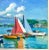 Late 20th Century Late 20th Century Nautical Acrylic Painting, Signed Sailboats by Port in Spain, Framed, 38"w For Sale - Image 5 of 9