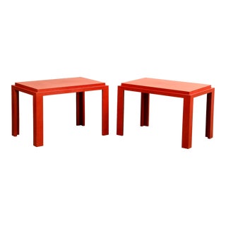 Pair of Hand-Tooled Red Leather Tables With Gold Diamond Pattern Tops, C. 1960 For Sale