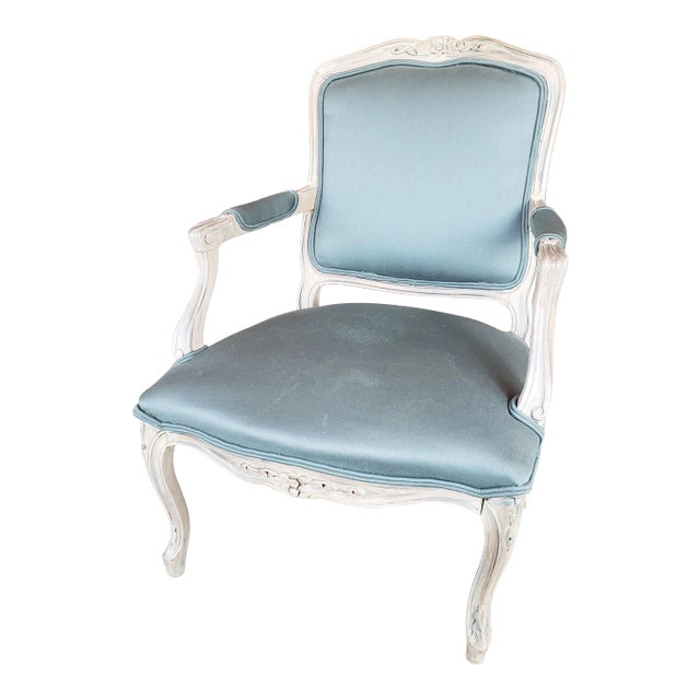 1950s Vintage Louis XV Style Armchair in Blue Gray Fabric For Sale