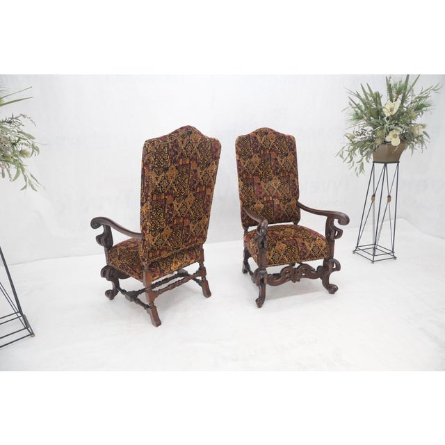 Gothic Pair Gothic Oversized Heavily Carved Walnut Arm Chairs Tall Back Thrones MINT! For Sale - Image 3 of 13
