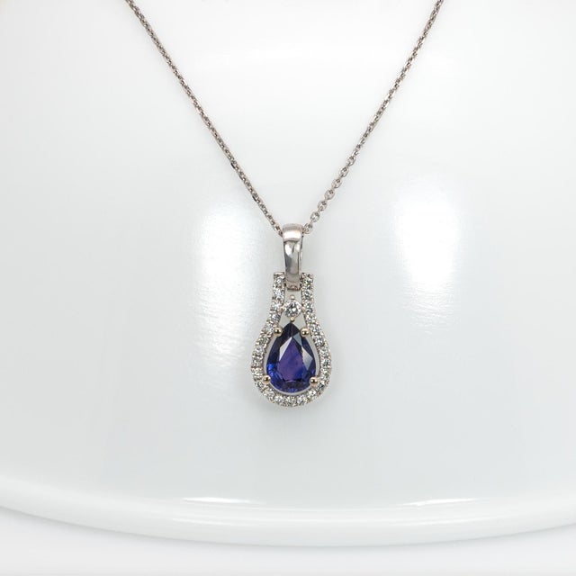 Purple Sapphire Pendant With Natural Diamonds Accents: Solid 14k Gold, 7x5mm For Sale - Image 4 of 9