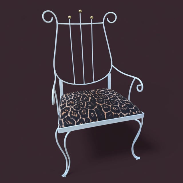 Grand Tour Vintage White Wrought Iron Lyre Arm Chair With Leopard Seat Cushion For Sale - Image 3 of 12