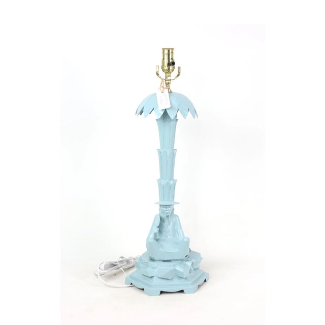Baby Blue Pair of Chinese Style Blue Tol Palm Tree and Figurine Table Lamps For Sale - Image 8 of 10