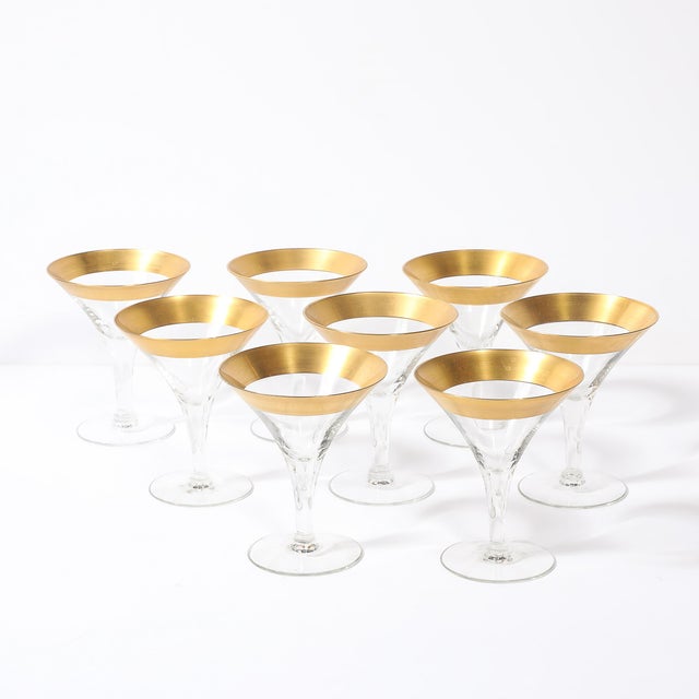This set of 8 Mid-Century Modernist gilt-rimmed martini glasses, designed by the iconic American glassware designer...