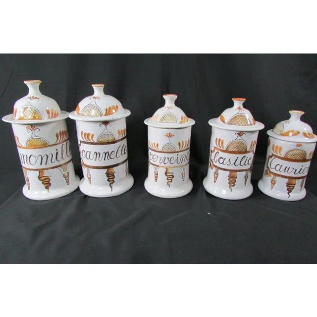 Lot of covered pots, white enamelled with autumn patterns. 5 POTS at PHARMACY 24 to 18 cm high, 5 spice jars from 18 to 12...