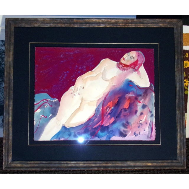 Paint 1990s Reclining Figurative Female Nude Watercolor Painting by Mel Carter, Framed For Sale - Image 7 of 7