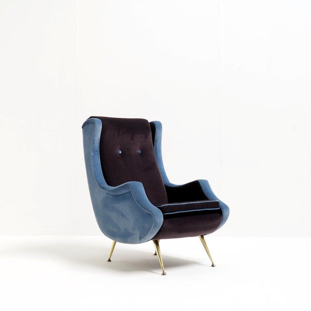 Mid-Century Modern High-Back Lounge Chair in Blue and Mauve Velvet, 1950s For Sale - Image 3 of 11