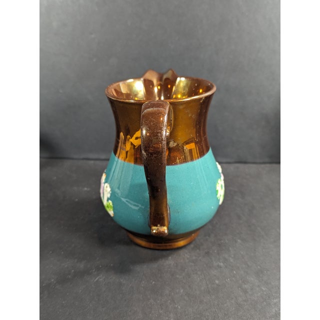 1850's English Copper Luster Ware Pitcher With Hand Painted Motif on Teal Colored Band For Sale - Image 4 of 10