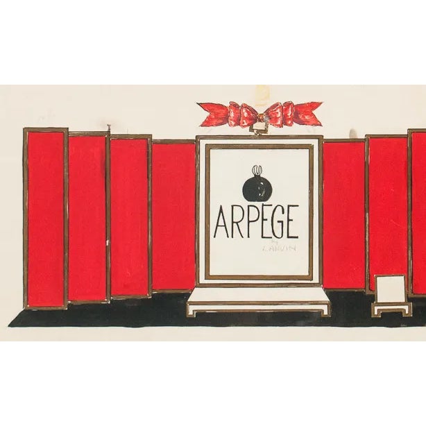 Fabulous original advert c1950s artwork for Lanvin of Paris to promote their Arpage Perfume with lipstick red panels by...