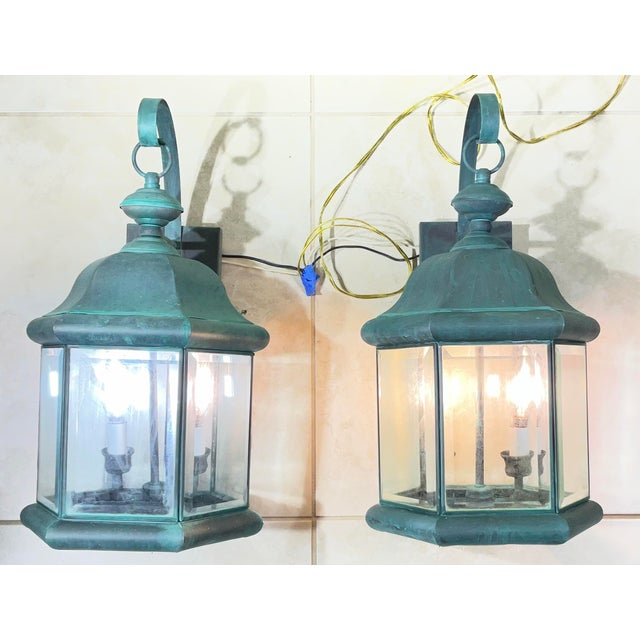 Contemporary Pair of Solid Brass Outdoor Wall Lantern Sconces – Vintage Aged Verdigris For Sale - Image 3 of 15