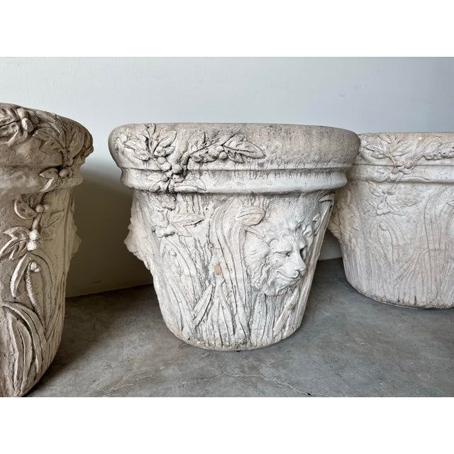 Vintage Palm Beach Neoclassical-Style Cement Planters With Lion Head Relief - Set of 3 For Sale - Image 10 of 12