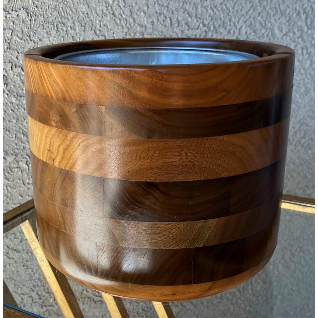 Circa 1970/1980 Sleek & Chic Walnut Wood Ice Bucket With Attached Insulated Glass Insert For Sale - Image 16 of 18