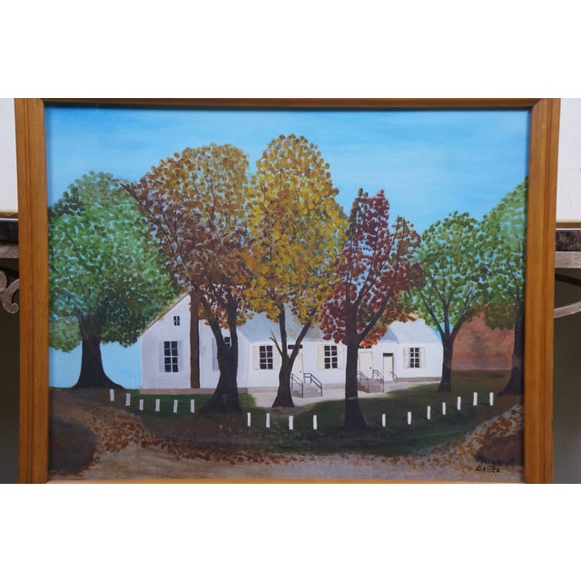 Margaret Skiles White Farmhouse in Autumn Oil Painting on Board 30" For Sale - Image 6 of 13
