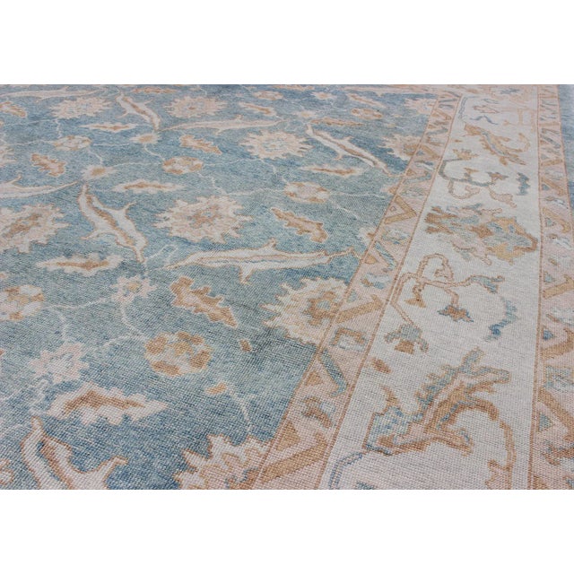 Textile Square Turkish Oushak Rug in Light Blue, Light Brown, Salmon, Silver & Tan For Sale - Image 7 of 12