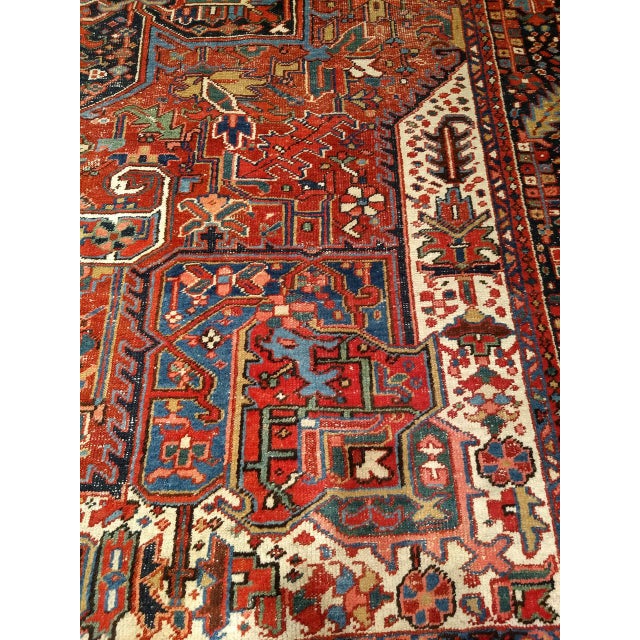 Antique Persian Heriz Karajah Rug, Hand-Knotted Wool, Geometric Medallion Pattern, Brick-Red & Navy, 9x12 For Sale - Image 14 of 17