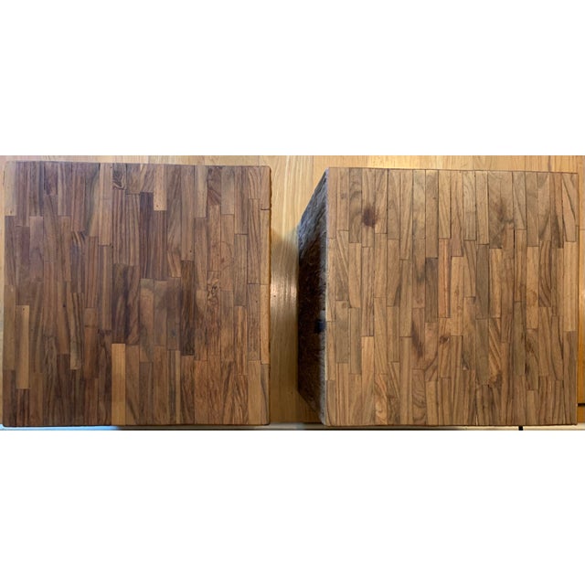 A pair of 1990s vintage rustic wood cube side tables with rough swen mosaic finish.