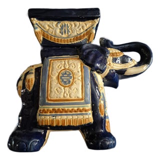 Vintage Mid-Century Blue & Cream Glazed Ceramic Elephant Plant Stand / Pedestal For Sale