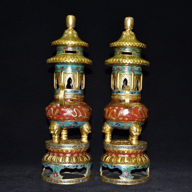 Chinese Pair of Vintage Cloisonné Enamel & Gilt Bronze Pagoda Censers / Shrine Vessels For Sale - Image 3 of 9