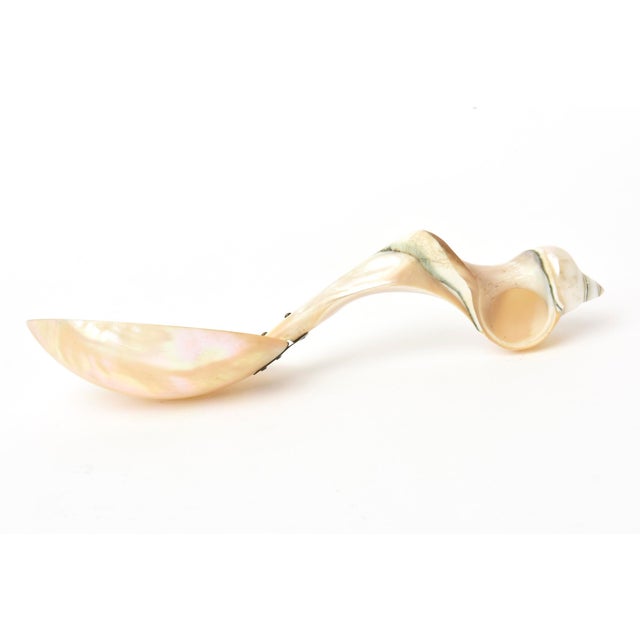 This lovely vintage organic modern Mother of Pearl sculptural serving spoon is from the 80's and has a twisted design....