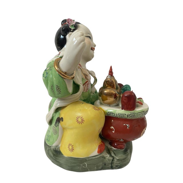 Chinoiserie Vintage Famille Rose 8” Laughing Lucky Girl Statue Figurine Offerings of Food For Sale - Image 3 of 7