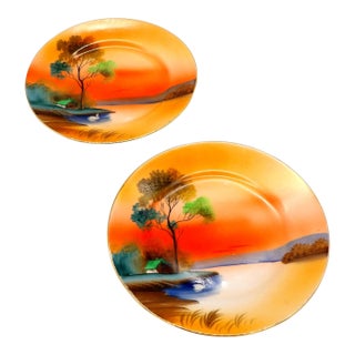 Vintage Noritake Porcelain Plates — Hand-Painted Sunset Lake Scene With Swan, Gold Rim, M in Wreath Mark, c.1920s-1940s - a Pair For Sale
